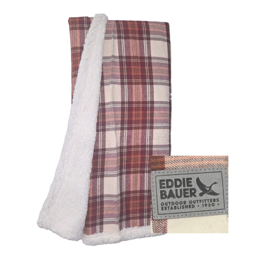 Eddie Bauer Edgewood Plaid Flannel/Sherpa Throw Blanket 50x60 Fall Colors